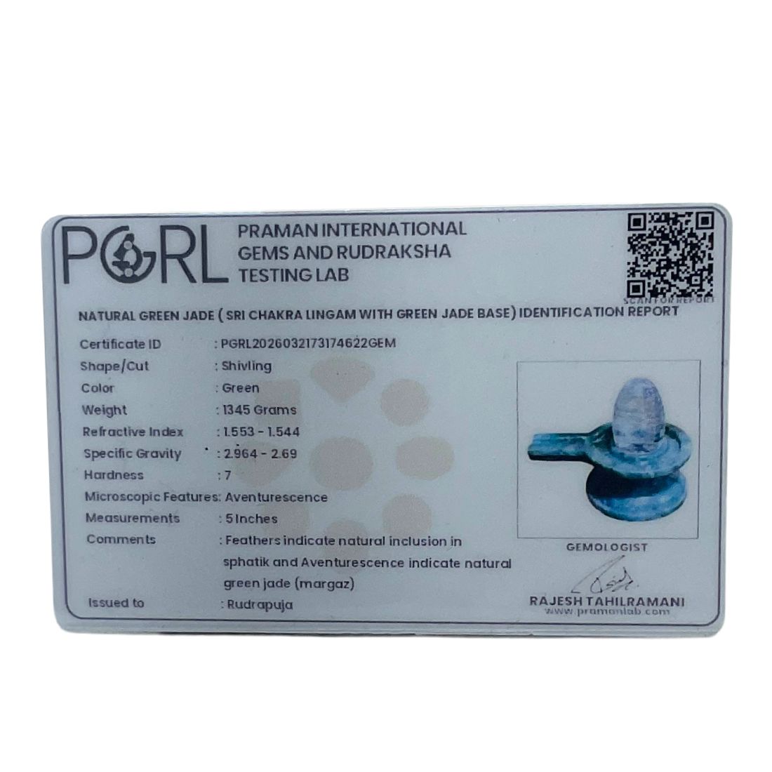 Sphatik Sri Chakra Lingam With Green Jade Base - 5 Inches - (1345 Grams)