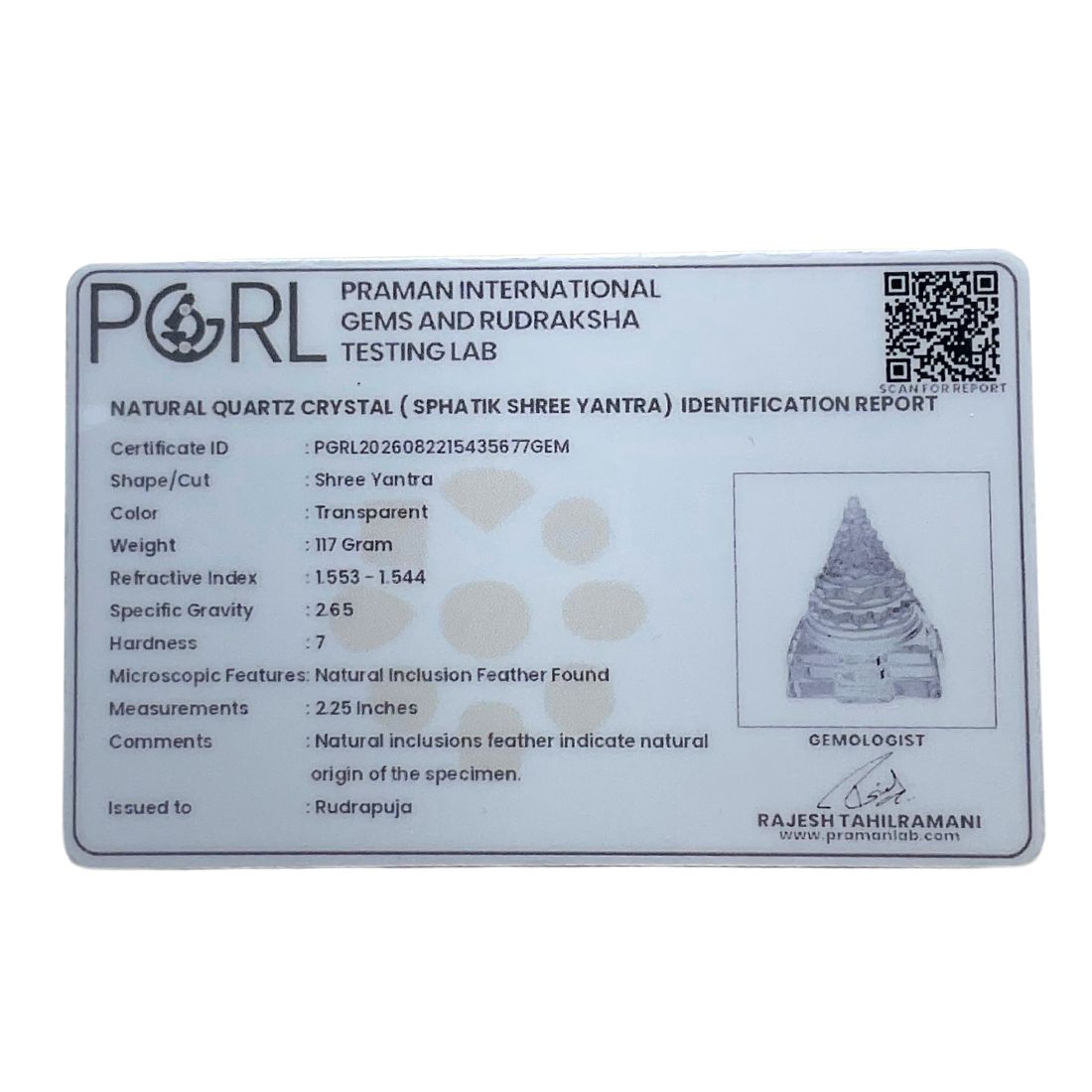 Natural Sphatik Shree Yantra – 2.25 Inches – (117 Grams)