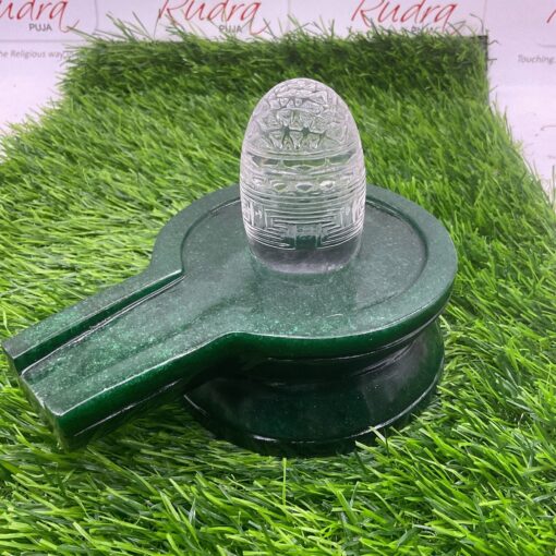 Crystal Sri Chakra Lingam With Green Jade Base - 5 Inches