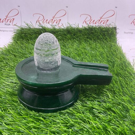 Crystal Sri Chakra Lingam With Green Jade Base - 5 Inches