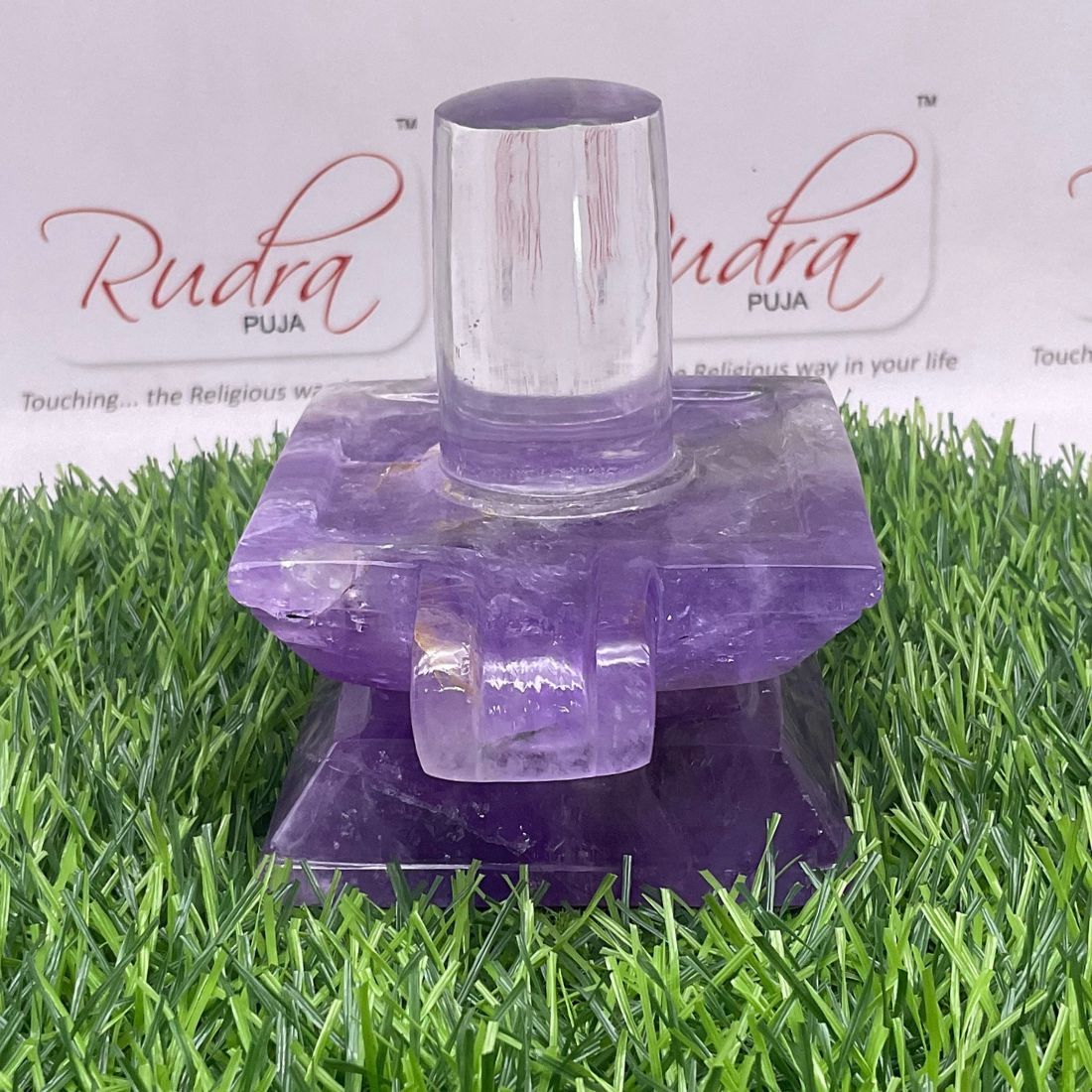 Sphatik Lingam With Amethyst Square Base - 4.25 Inches (879 Grams)