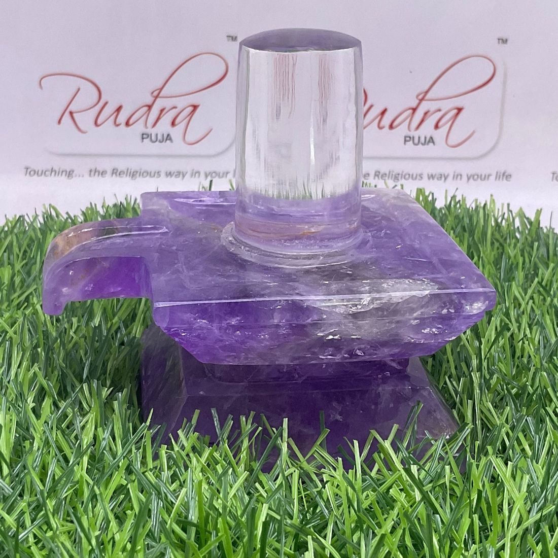 Sphatik Lingam With Amethyst Square Base - 4.25 Inches (879 Grams)