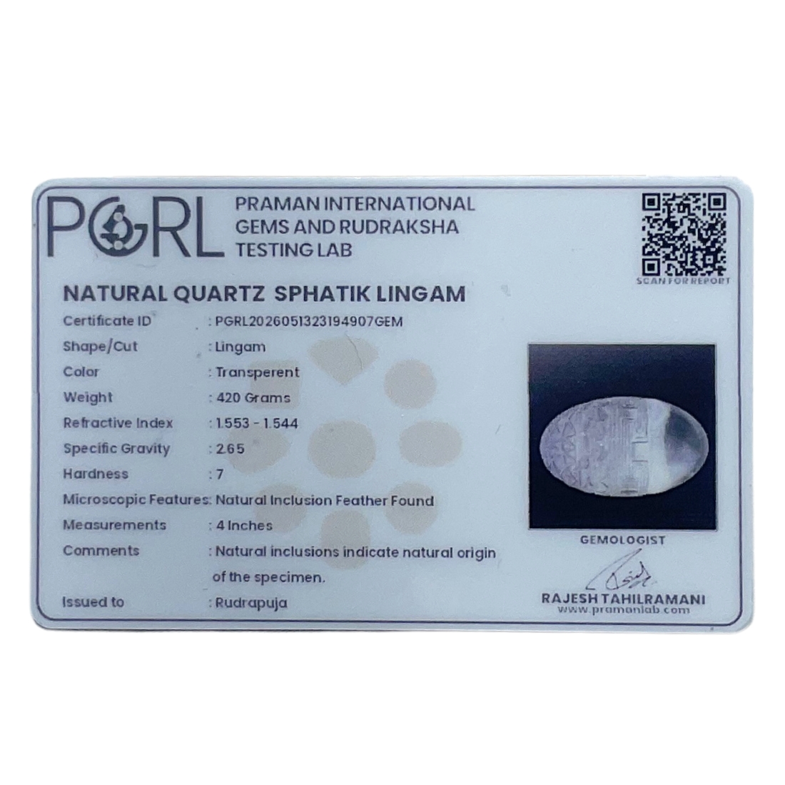 Sphatik shiva lingam original with certificate - ( 420 Grams )