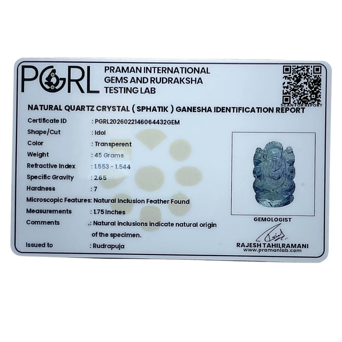 Spatika ganapathi Idol 1.75 Inches 45 gms