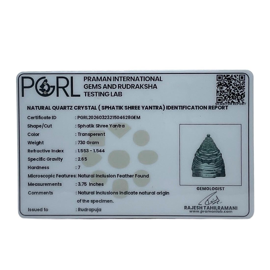 AA Quality Crystal Sphatik Shree Yantra - 3.75 Inches - ( 730 Grams )