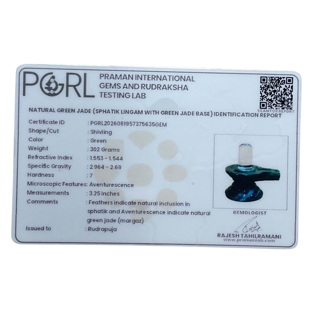 Sphatik Lingam With Green Jade Base - 3.25 Inches - (302 Grams)