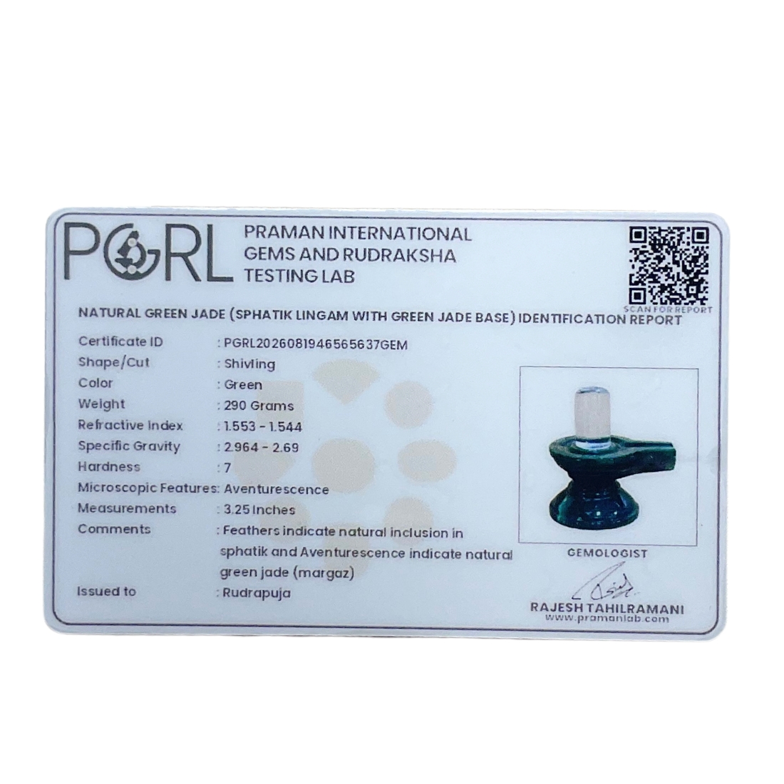 Sphatik Lingam With green Jade Base - 3.25 Inches - (290 Grams)