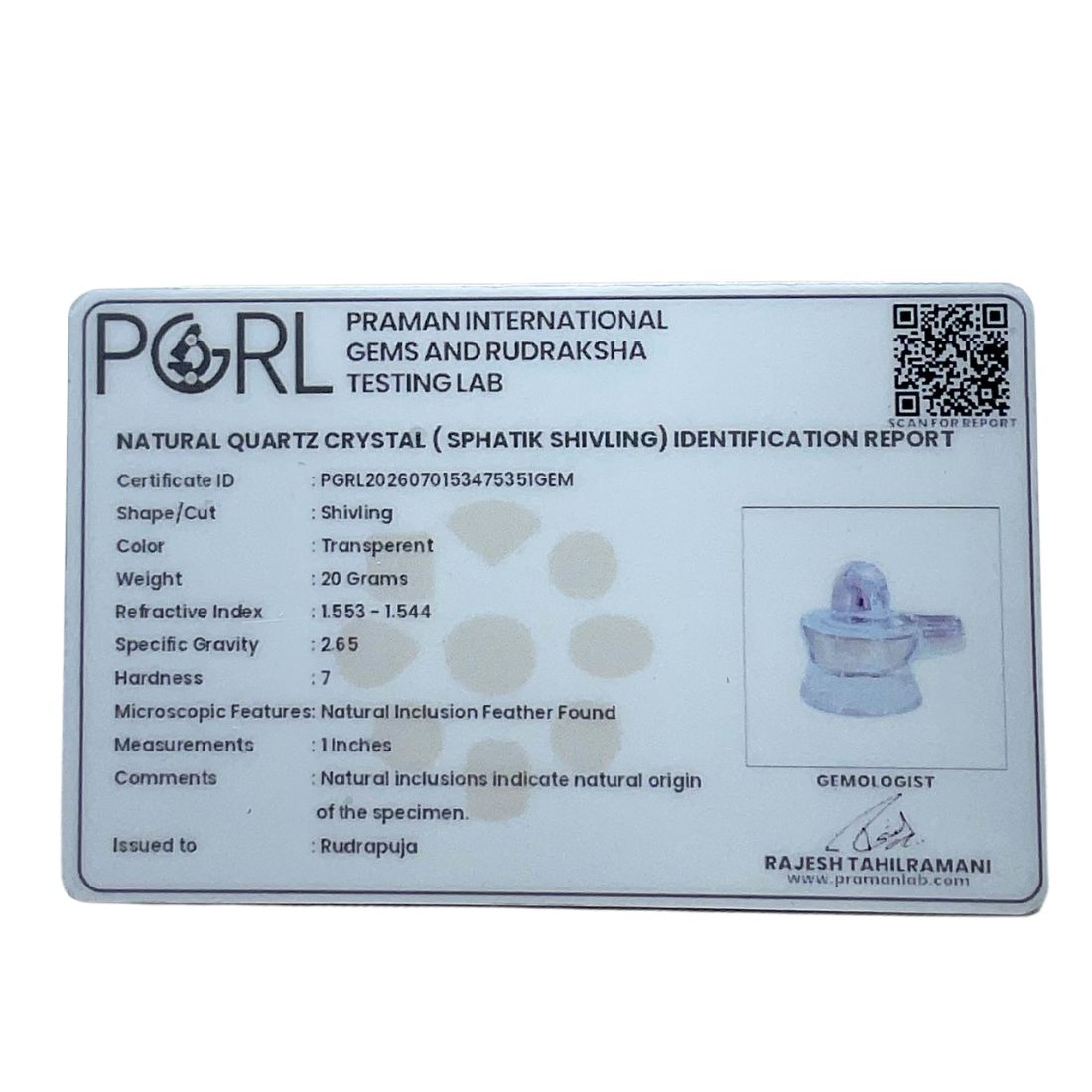 Sphatik Shivling 20 Gram Certi