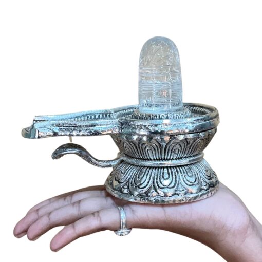 Carved Sphatik Lingam With German Silver Base - 476 Grams