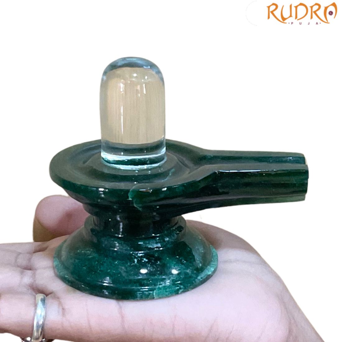 Original Sphatik Lingam With Green Jade Base - 3 Inches - ( 283 Gram )