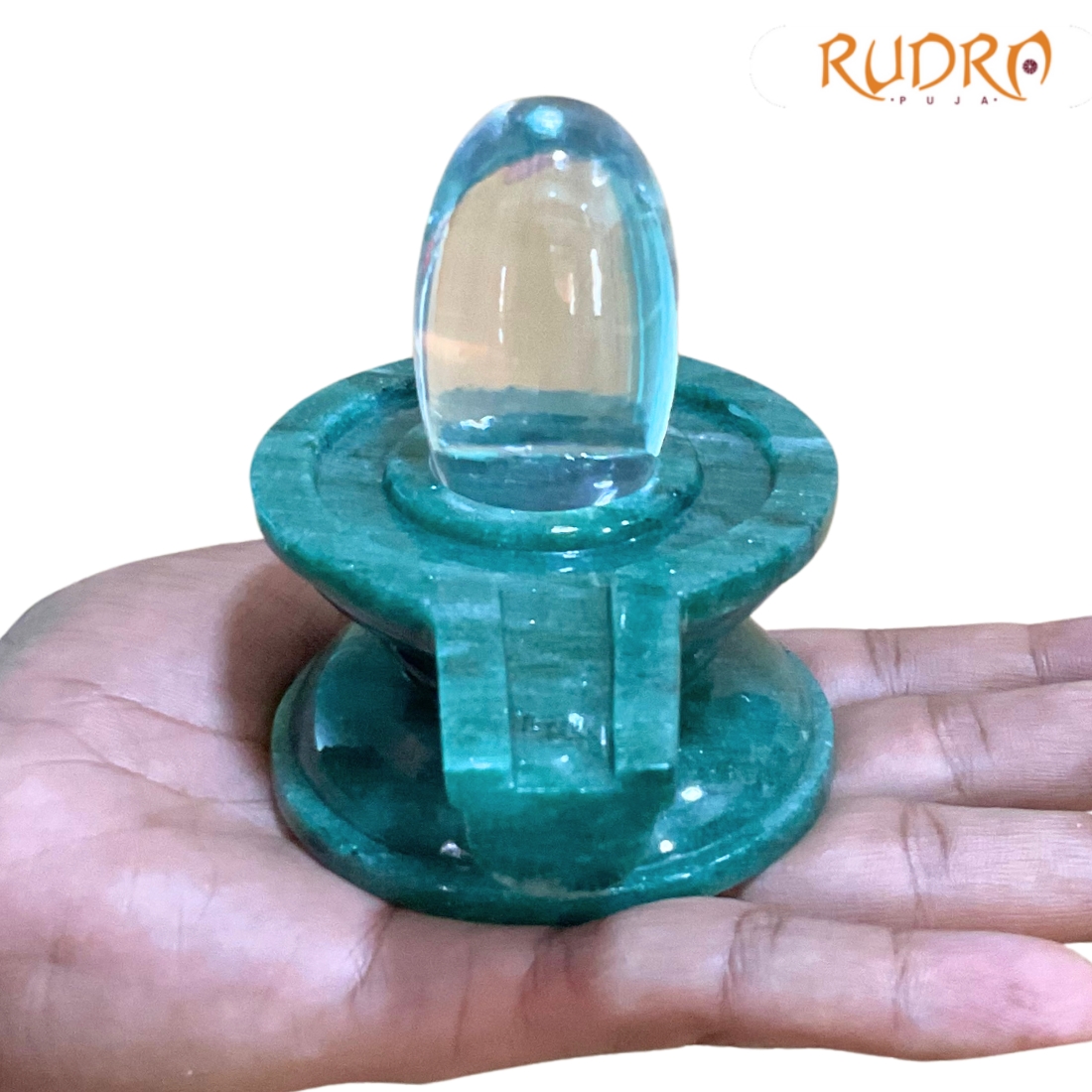 Rudrapuja Sphatik Lingam With green Jade base 3.75 inches - 531 Grams