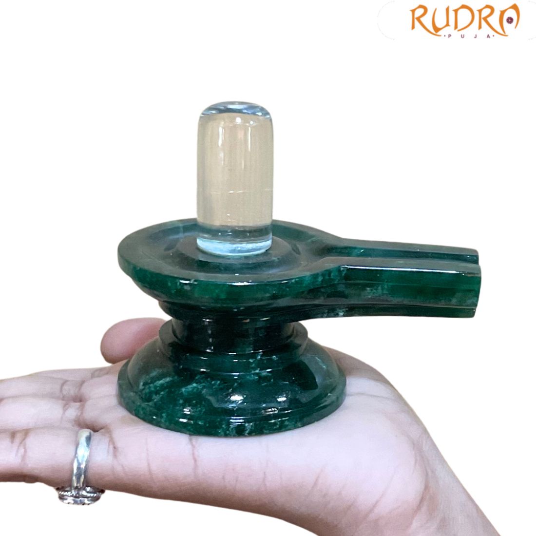 Sphatik Lingam With Green Jade Base - 3 Inches - (298 Grams)