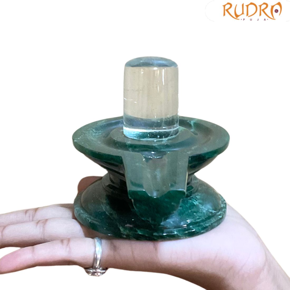 Sphatik Lingam With Green Jade Base - 3.25 Inches - (583 Grams)