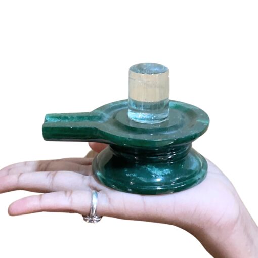Sphatik Lingam With Green Jade Base - (402 Grams) - 2.75 Inches - (Rudrapuja)