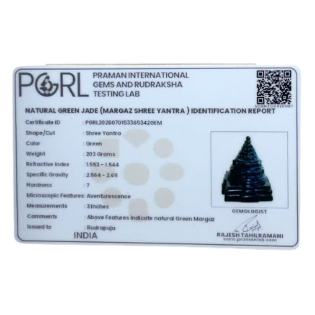 Green Jade Margatha Shree Yantra 3 inches (203 Grams)