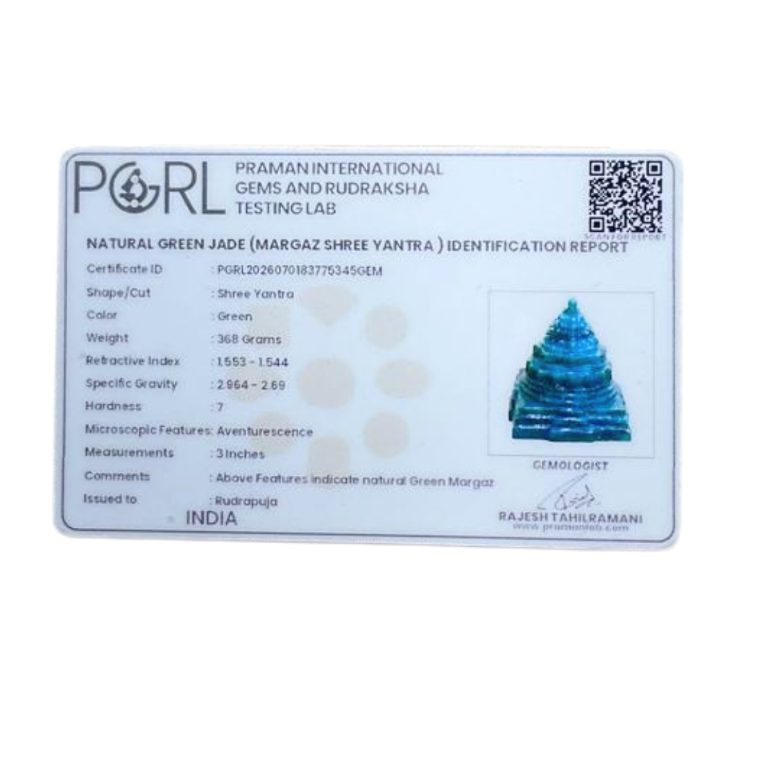 Green Jade Margatha Shree Yantra 3 inches (368 Grams)