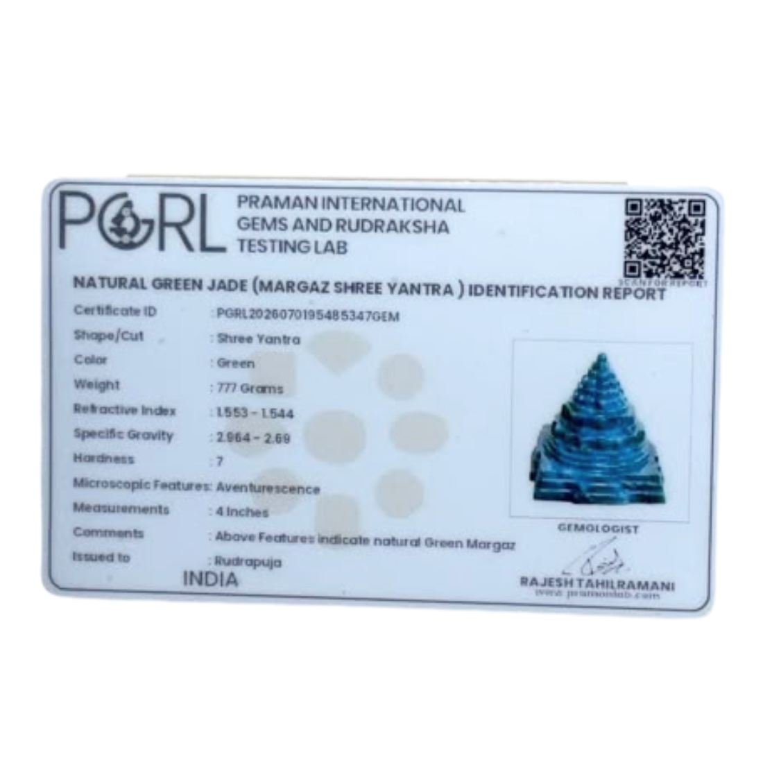 Green Jade Margatha Shree Yantra 4 inches (777 Grams)