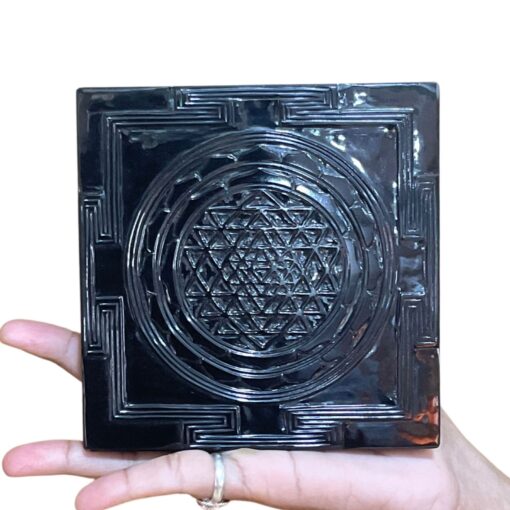 Shree Yantra Plate In Black Jade - 5 By 5 Inches - (1002 Grams)