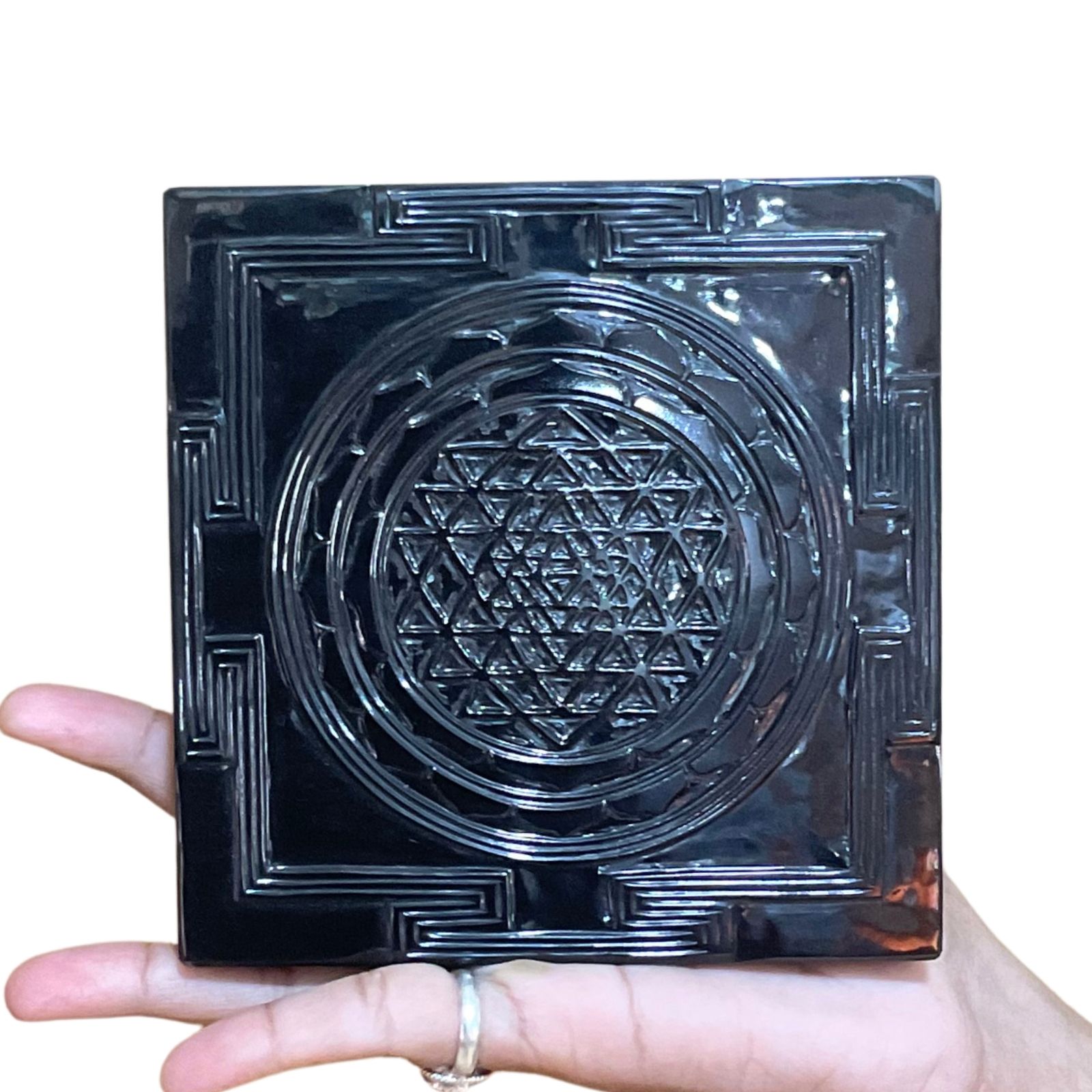 Shree Yantra Plate In Black Jade - 5 By 5 Inches - (1002 Grams)