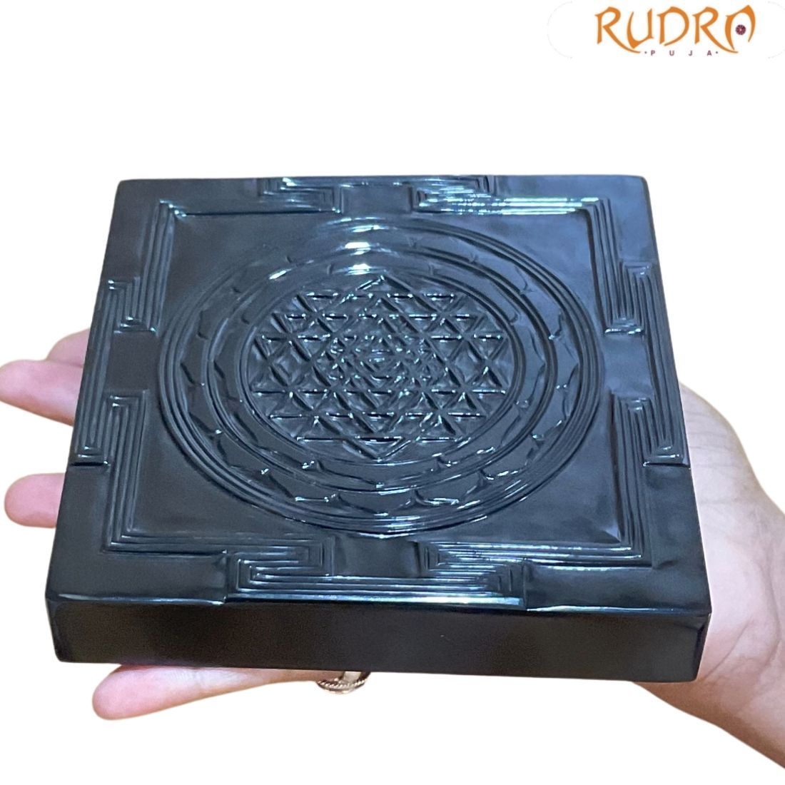 Shree Yantra Plate In Black Jade - 5 By 5 Inches - (1002 Grams)