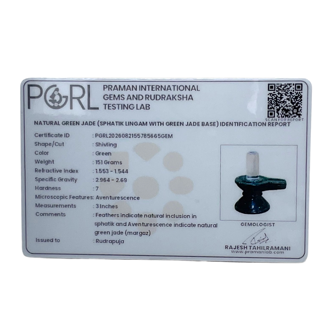 Sphatik Lingam With Green Jade Base - 3 Inches - (151 Grams)